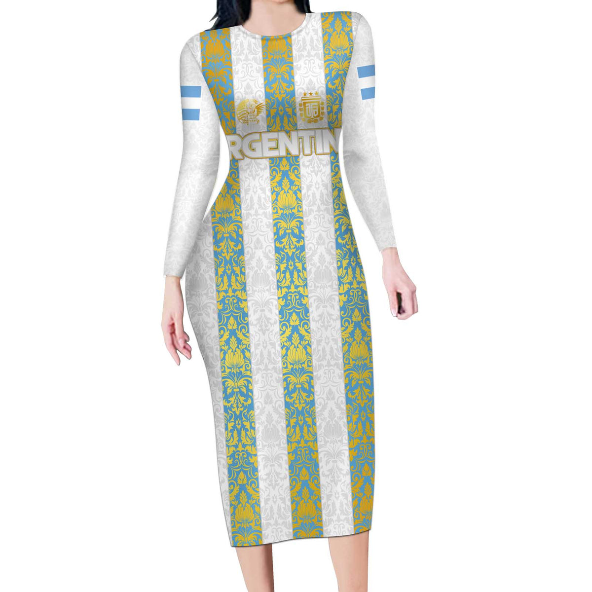 Argentina Football 2024 Long Sleeve Bodycon Dress The White and Sky Blue - Wonder Print Shop