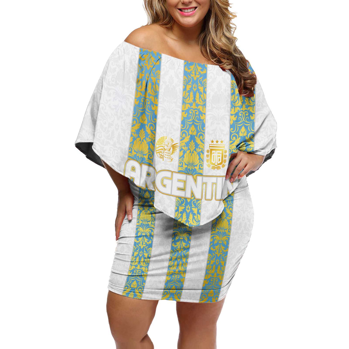 Argentina Football 2024 Off Shoulder Short Dress The White and Sky Blue - Wonder Print Shop