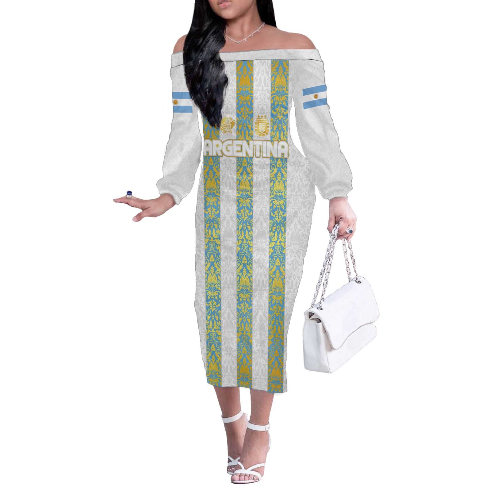 Argentina Football 2024 Off The Shoulder Long Sleeve Dress The White and Sky Blue - Wonder Print Shop