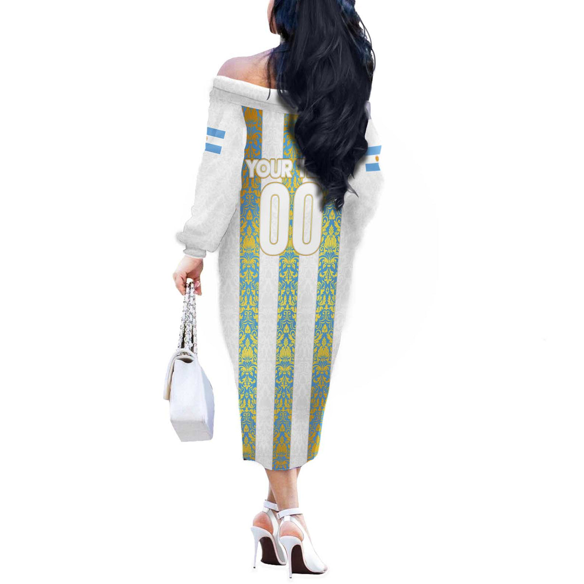 Argentina Football 2024 Off The Shoulder Long Sleeve Dress The White and Sky Blue - Wonder Print Shop