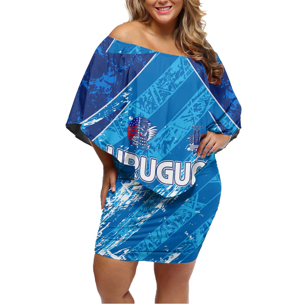 Uruguay Football 2024 Family Matching Off Shoulder Short Dress and Hawaiian Shirt The Sky Blue - Wonder Print Shop