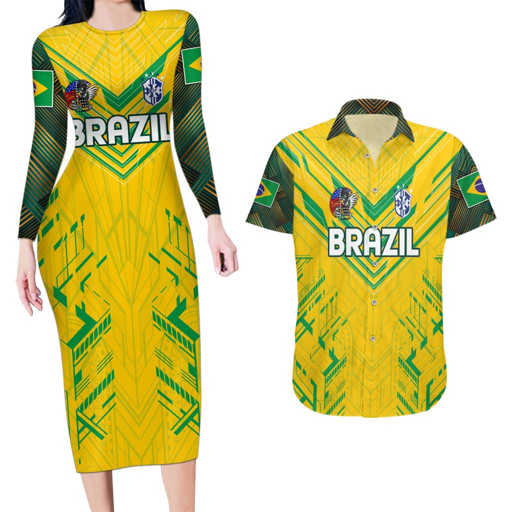 Brazil Football 2024 Couples Matching Long Sleeve Bodycon Dress and Hawaiian Shirt Selecao Bright Yellow - Wonder Print Shop