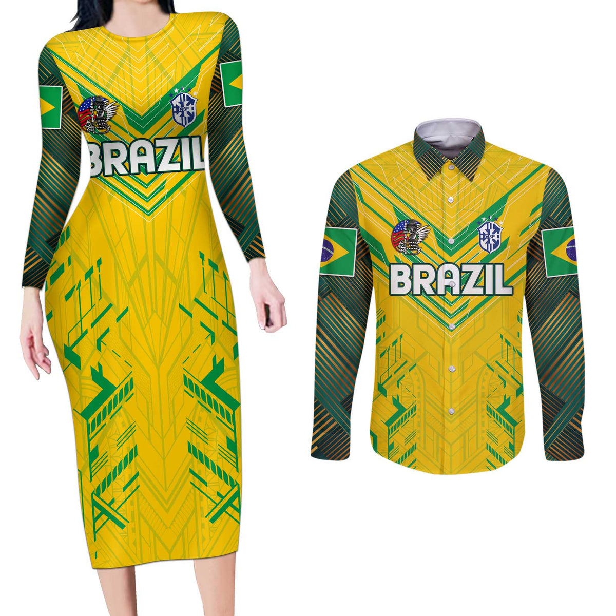 Brazil Football 2024 Couples Matching Long Sleeve Bodycon Dress and Long Sleeve Button Shirt Selecao Bright Yellow - Wonder Print Shop