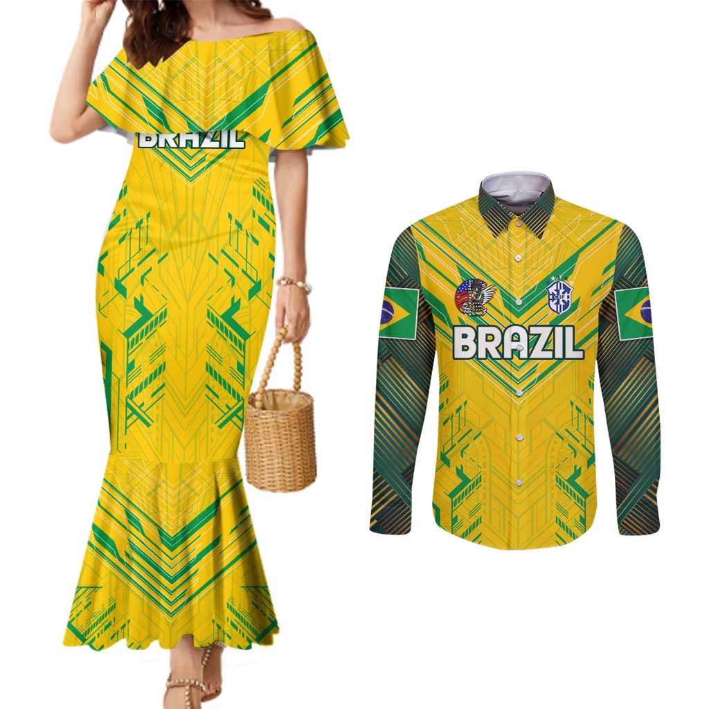Brazil Football 2024 Couples Matching Mermaid Dress and Long Sleeve Button Shirt Selecao Bright Yellow