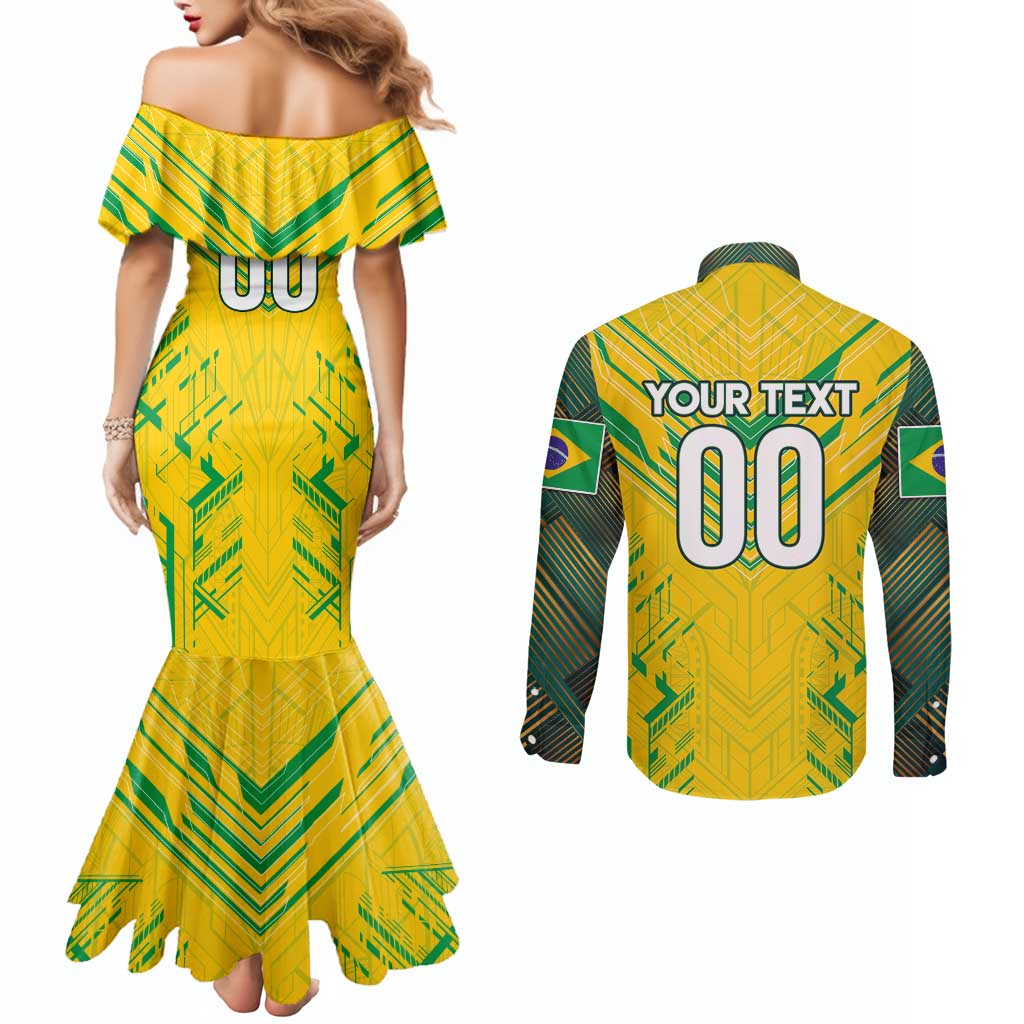 Brazil Football 2024 Couples Matching Mermaid Dress and Long Sleeve Button Shirt Selecao Bright Yellow