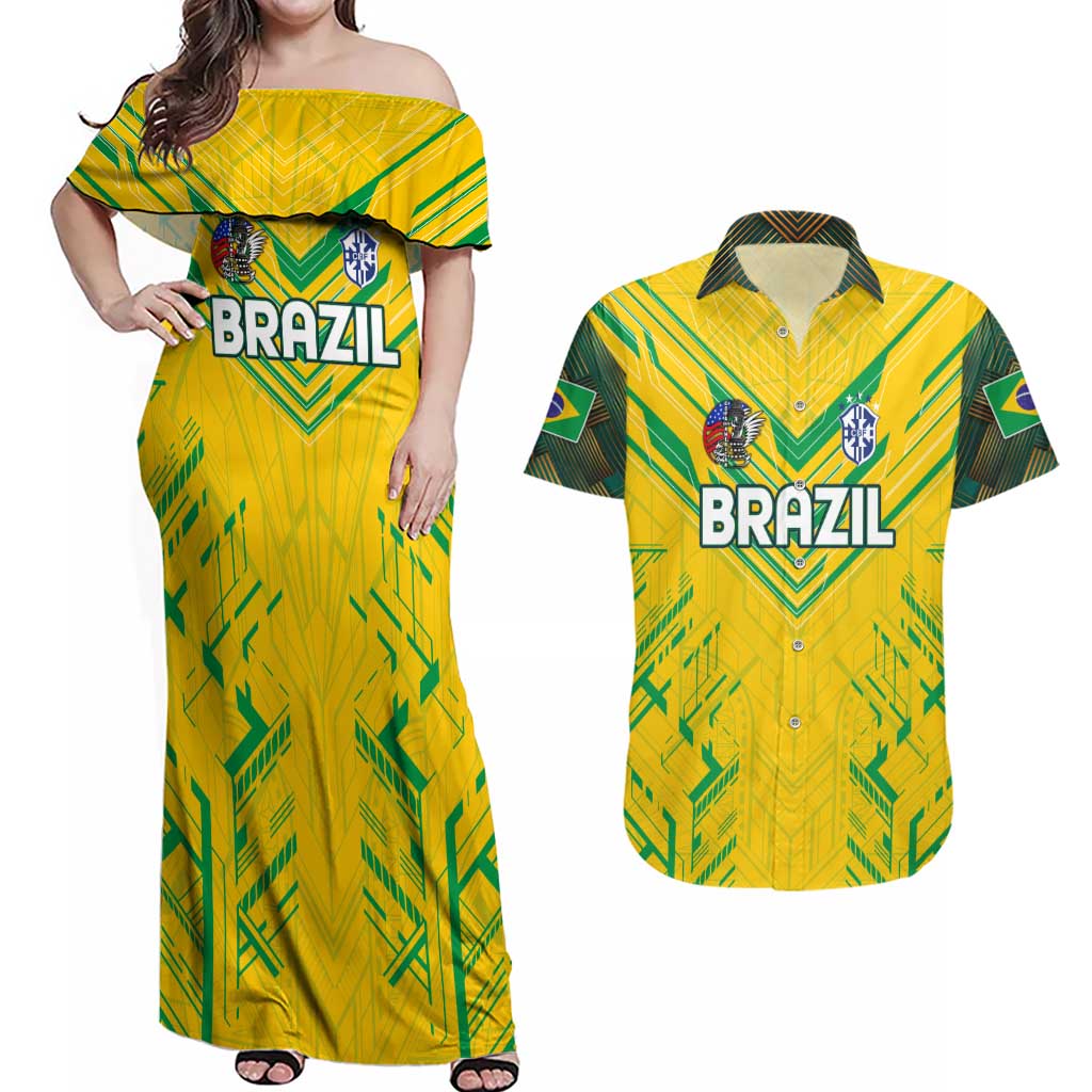 Brazil Football 2024 Couples Matching Off Shoulder Maxi Dress and Hawaiian Shirt Selecao Bright Yellow - Wonder Print Shop