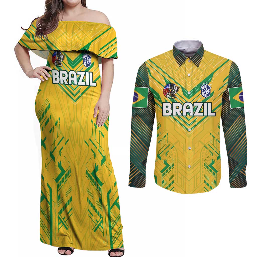 Brazil Football 2024 Couples Matching Off Shoulder Maxi Dress and Long Sleeve Button Shirt Selecao Bright Yellow - Wonder Print Shop