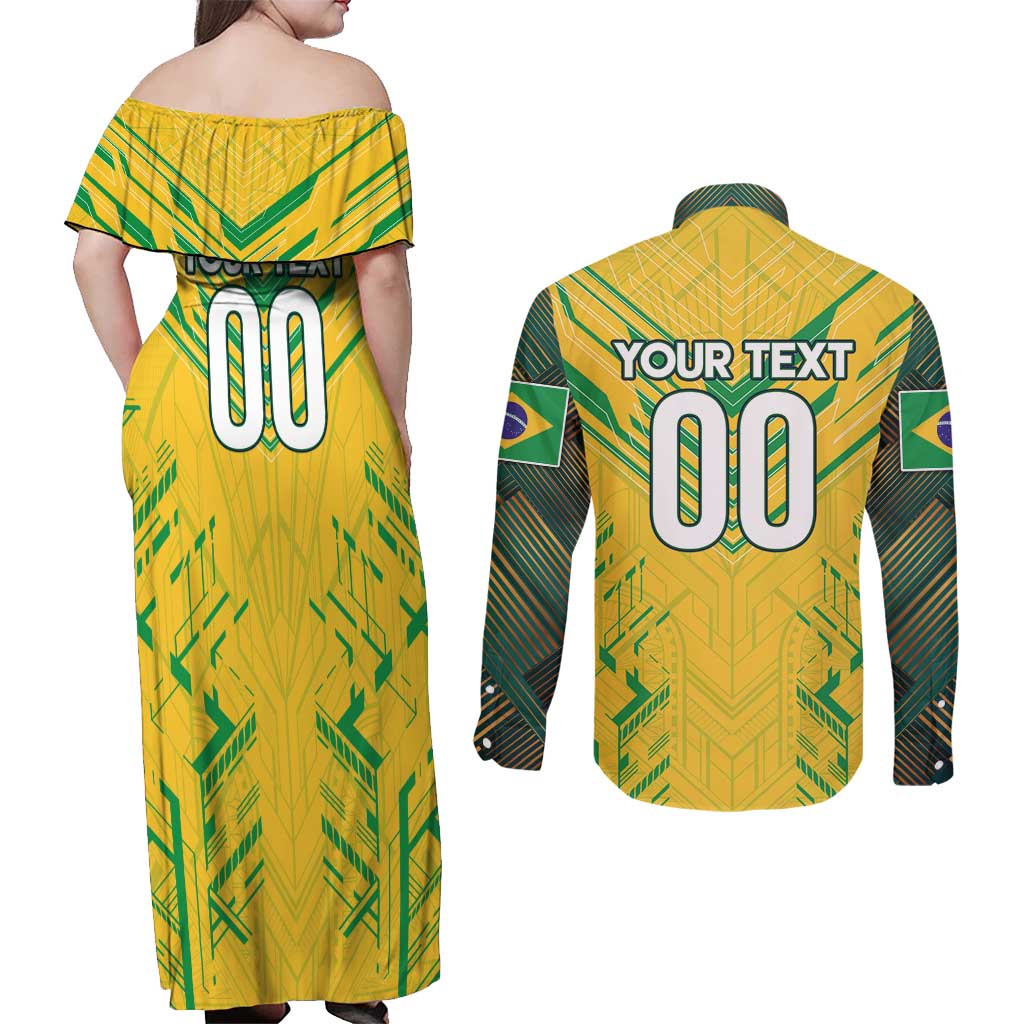 Brazil Football 2024 Couples Matching Off Shoulder Maxi Dress and Long Sleeve Button Shirt Selecao Bright Yellow - Wonder Print Shop