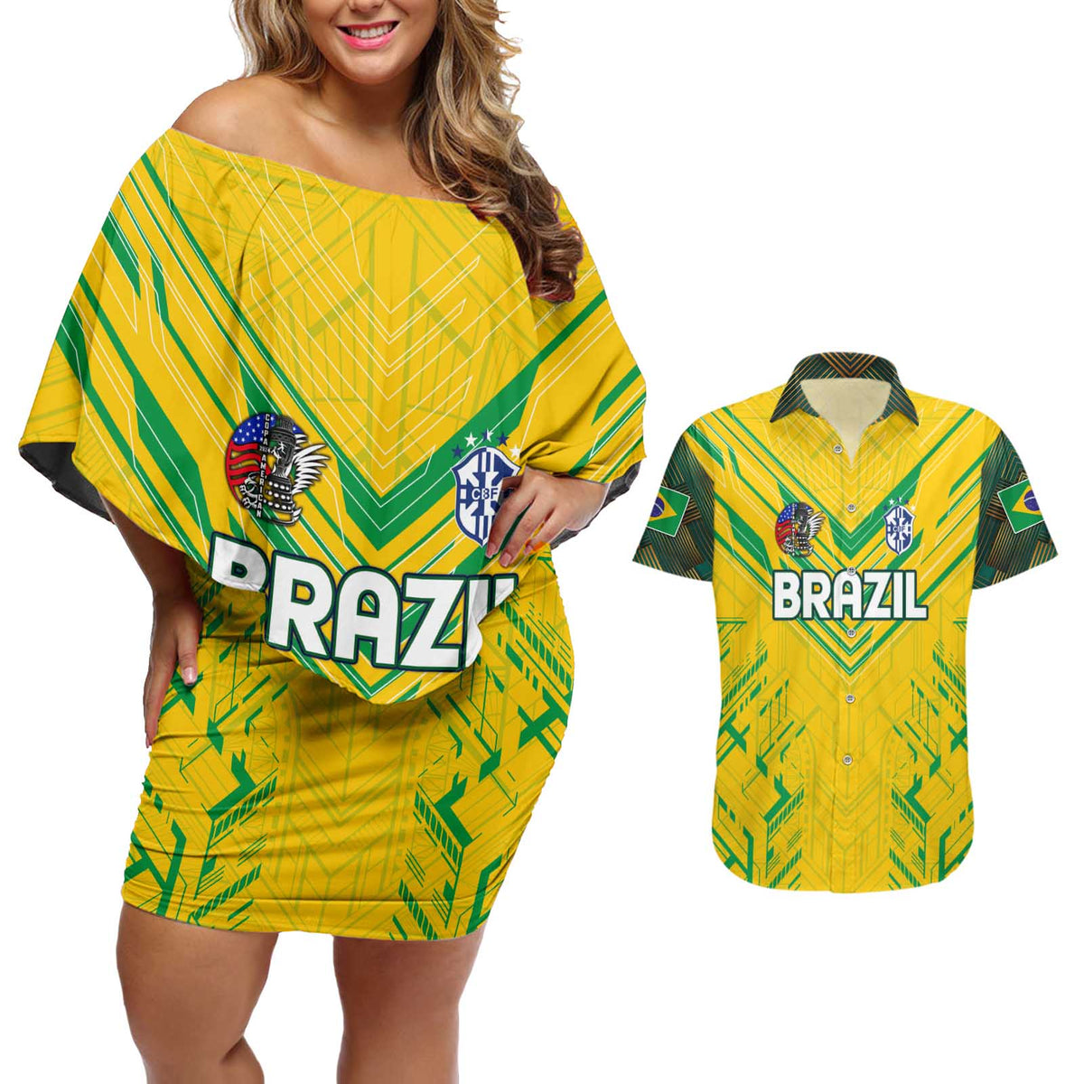 Brazil Football 2024 Couples Matching Off Shoulder Short Dress and Hawaiian Shirt Selecao Bright Yellow - Wonder Print Shop