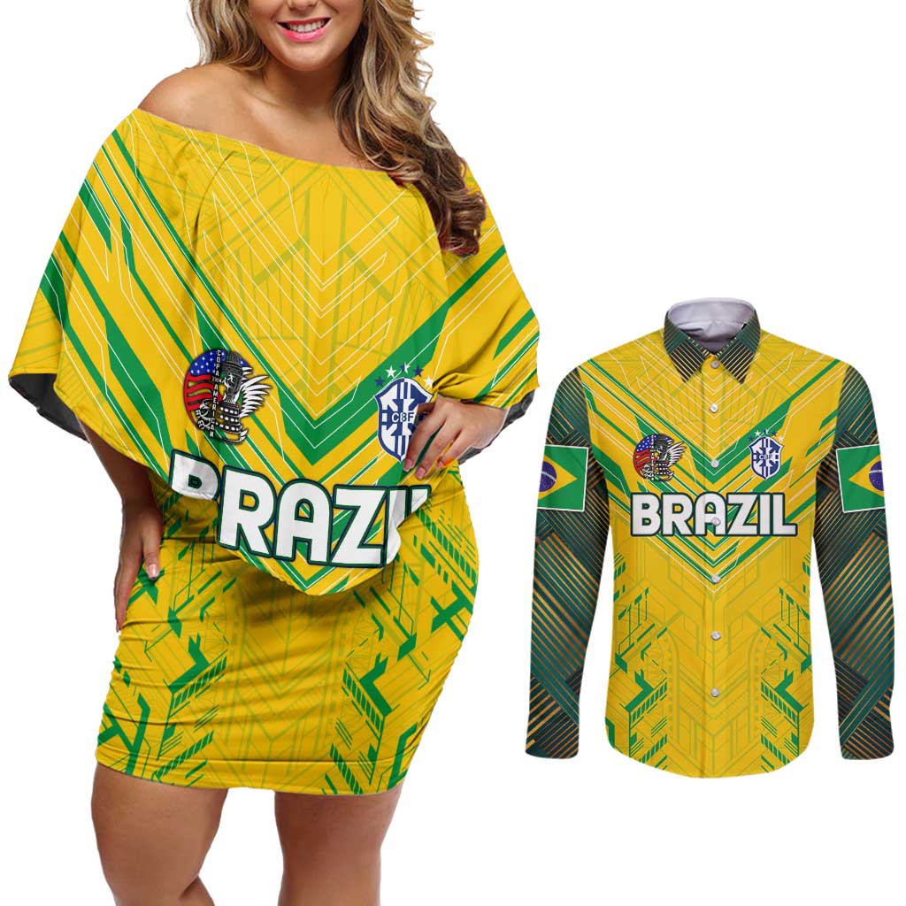 Brazil Football 2024 Couples Matching Off Shoulder Short Dress and Long Sleeve Button Shirt Selecao Bright Yellow - Wonder Print Shop