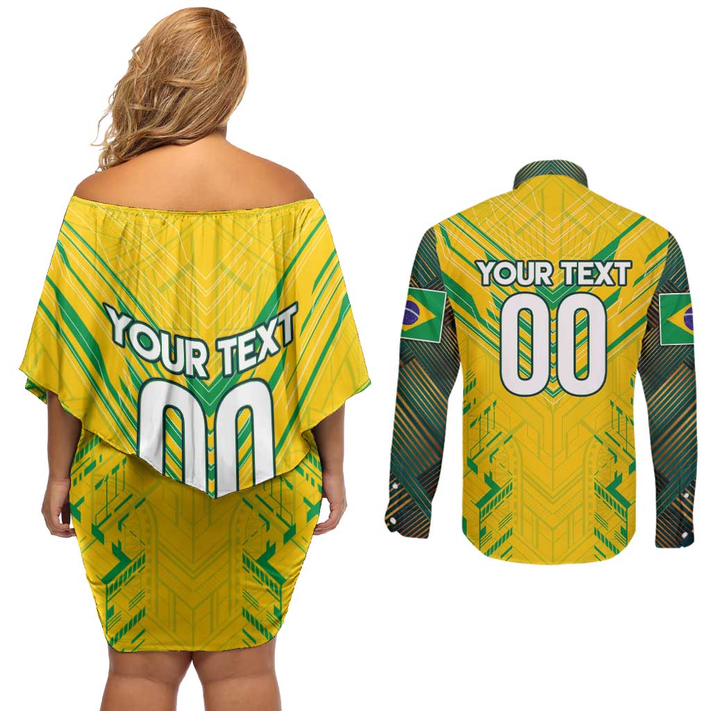 Brazil Football 2024 Couples Matching Off Shoulder Short Dress and Long Sleeve Button Shirt Selecao Bright Yellow - Wonder Print Shop