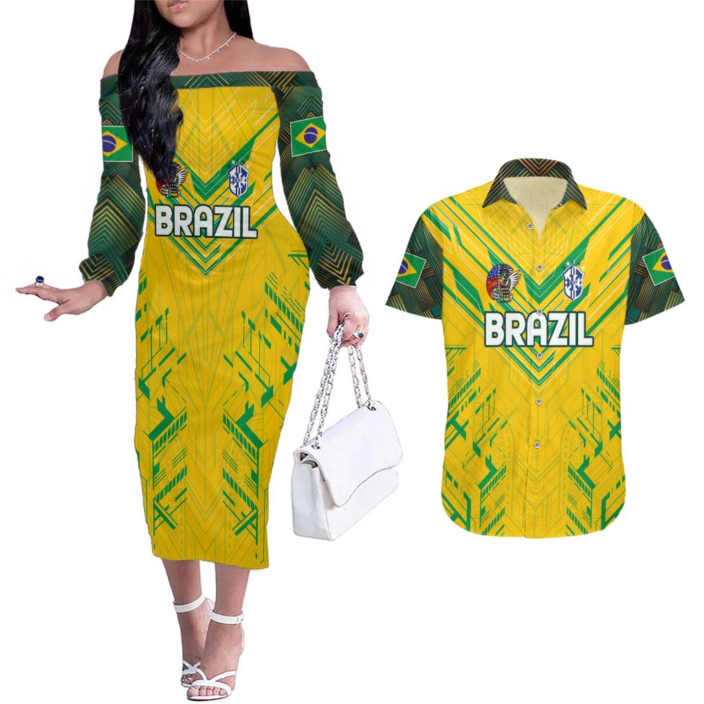 Brazil Football 2024 Couples Matching Off The Shoulder Long Sleeve Dress and Hawaiian Shirt Selecao Bright Yellow - Wonder Print Shop