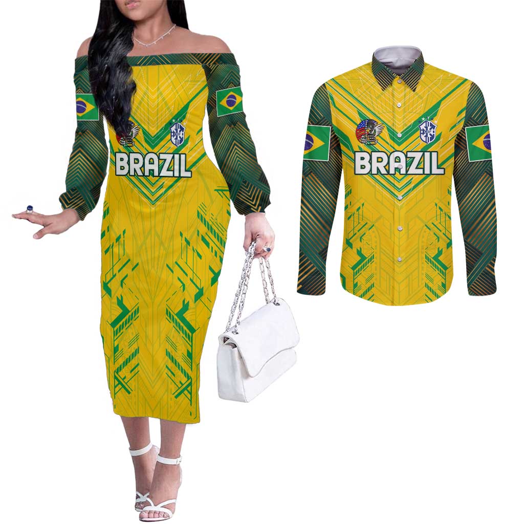 Brazil Football 2024 Couples Matching Off The Shoulder Long Sleeve Dress and Long Sleeve Button Shirt Selecao Bright Yellow