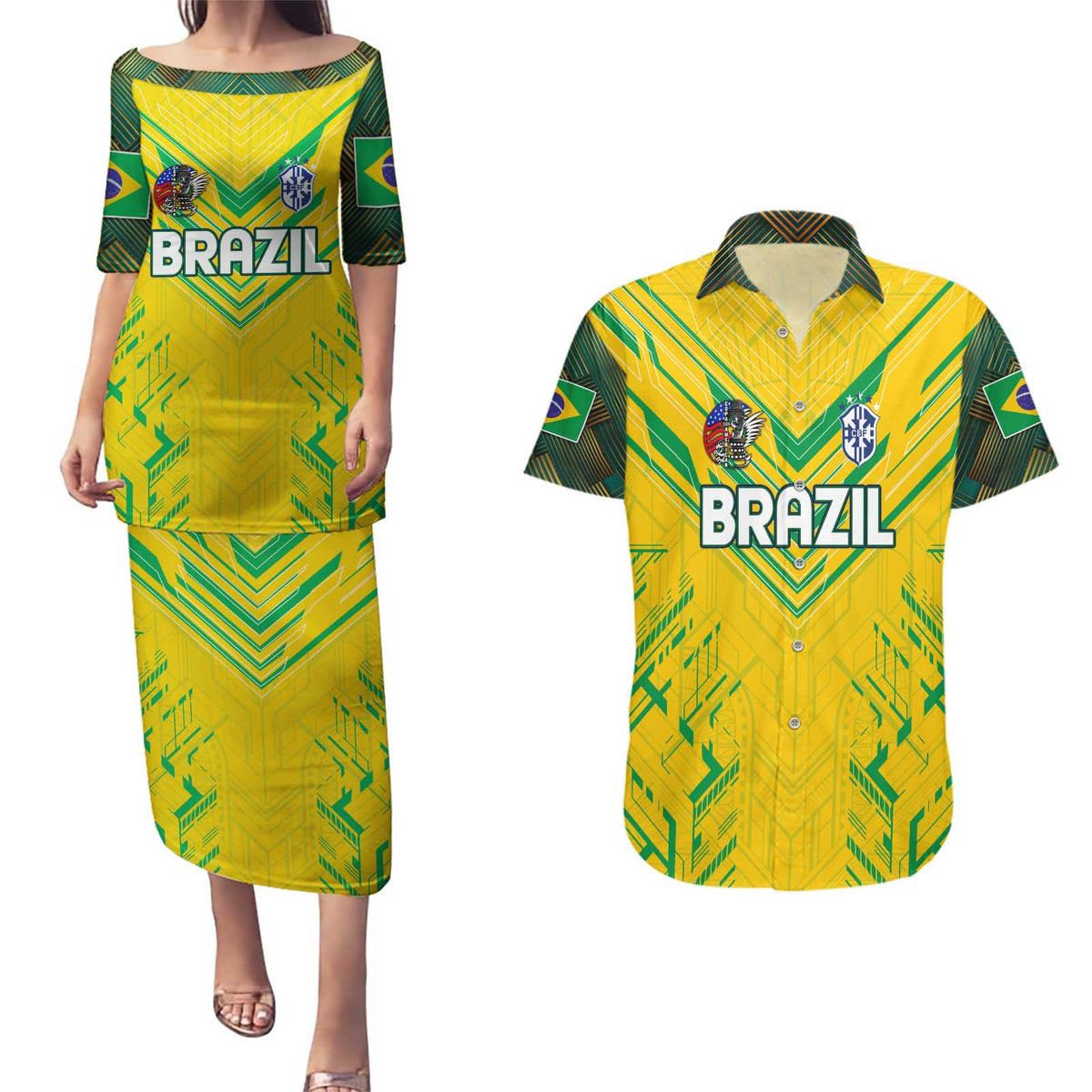 Brazil Football 2024 Couples Matching Puletasi and Hawaiian Shirt Selecao Bright Yellow - Wonder Print Shop