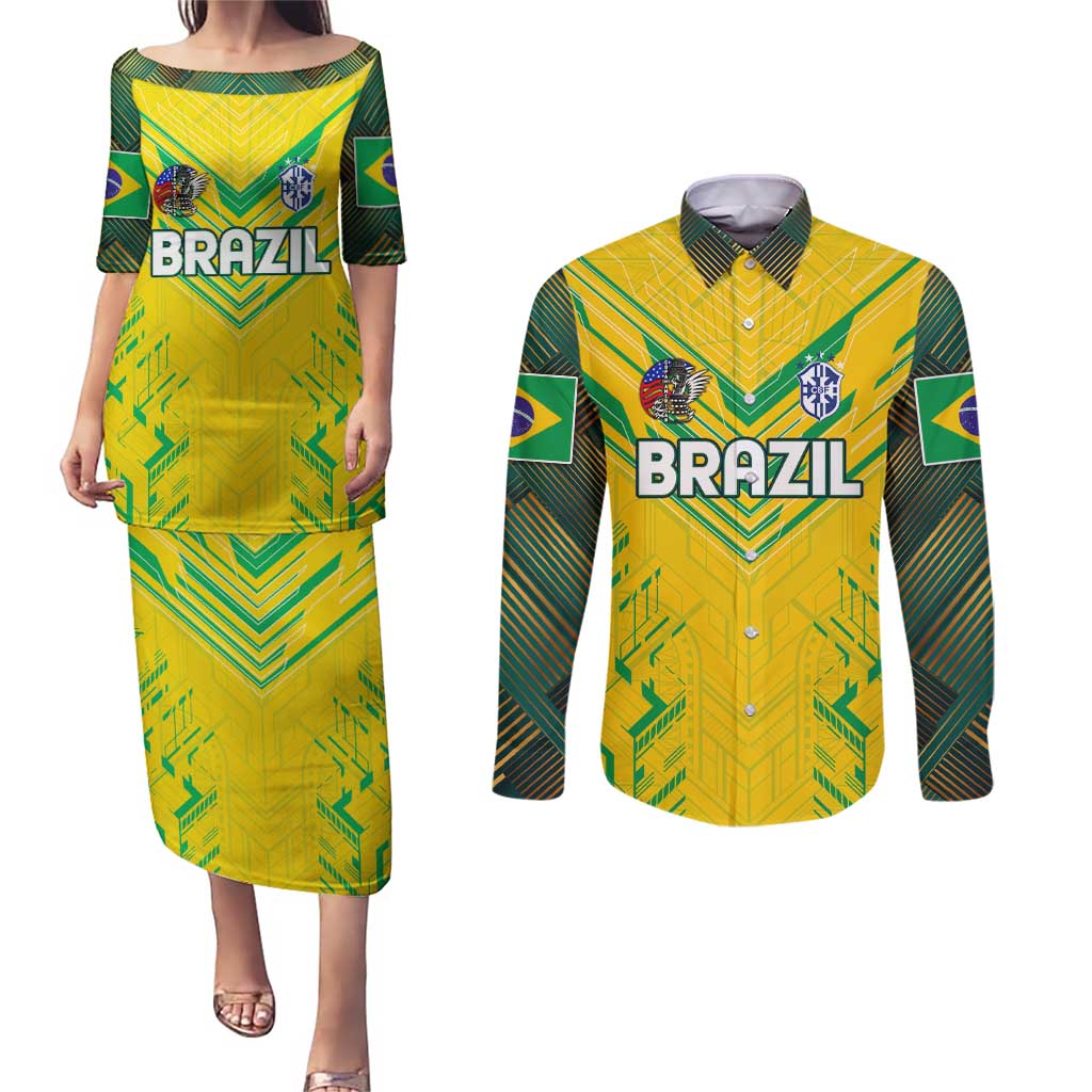 Brazil Football 2024 Couples Matching Puletasi and Long Sleeve Button Shirt Selecao Bright Yellow - Wonder Print Shop