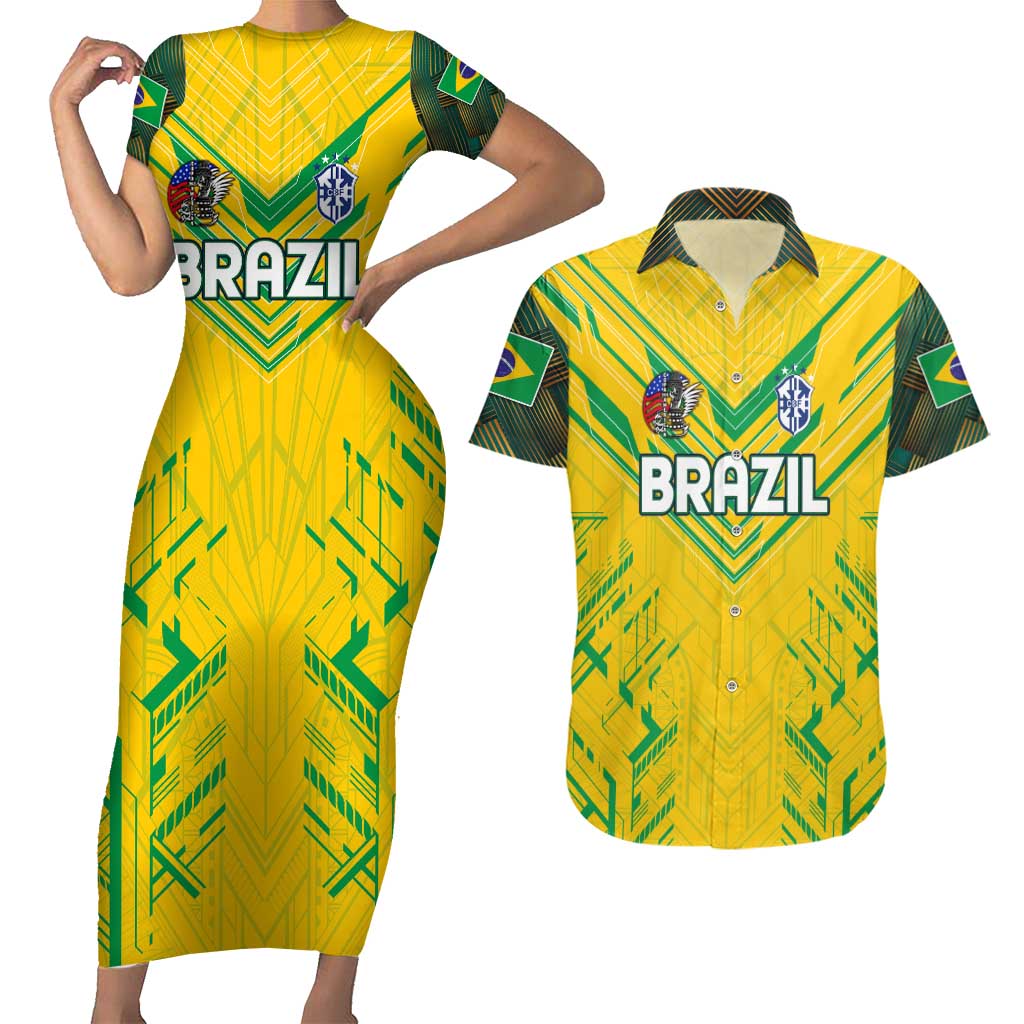 Brazil Football 2024 Couples Matching Short Sleeve Bodycon Dress and Hawaiian Shirt Selecao Bright Yellow - Wonder Print Shop