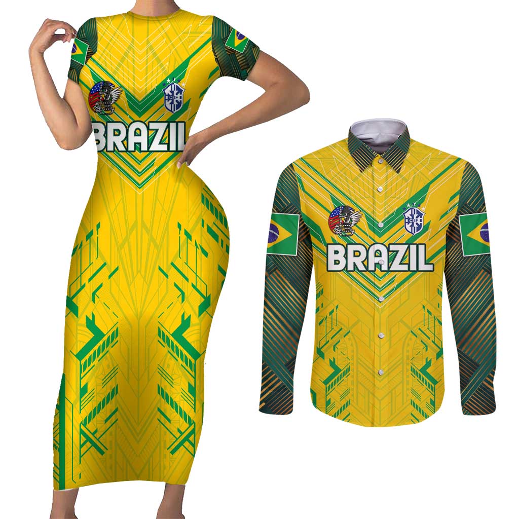 Brazil Football 2024 Couples Matching Short Sleeve Bodycon Dress and Long Sleeve Button Shirt Selecao Bright Yellow - Wonder Print Shop
