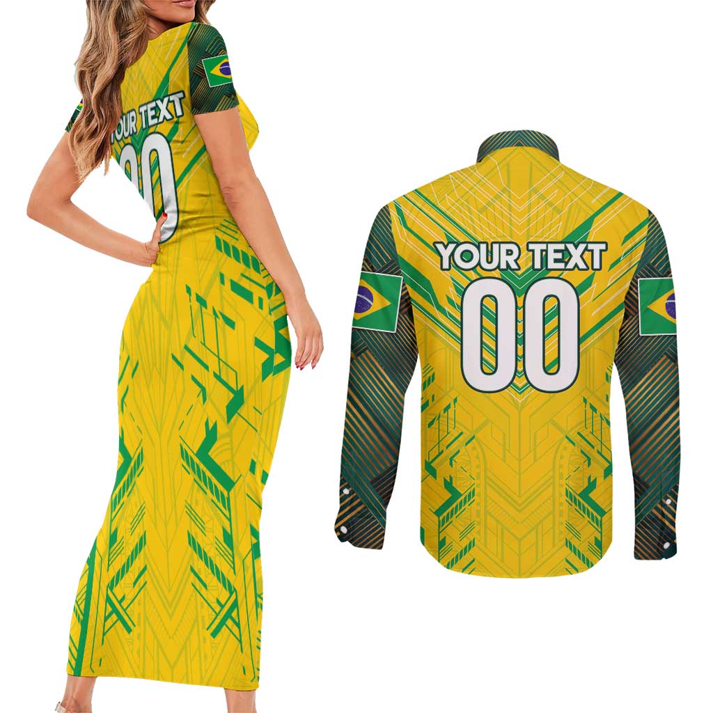 Brazil Football 2024 Couples Matching Short Sleeve Bodycon Dress and Long Sleeve Button Shirt Selecao Bright Yellow - Wonder Print Shop