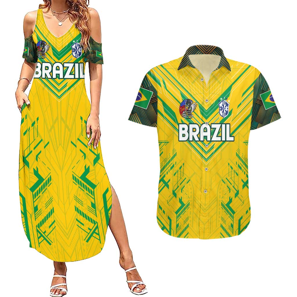Brazil Football 2024 Couples Matching Summer Maxi Dress and Hawaiian Shirt Selecao Bright Yellow - Wonder Print Shop