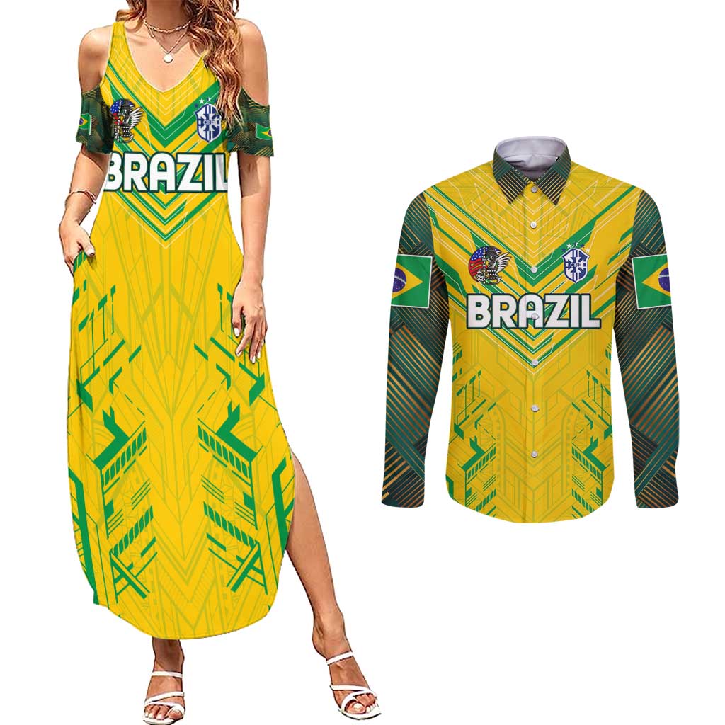 Brazil Football 2024 Couples Matching Summer Maxi Dress and Long Sleeve Button Shirt Selecao Bright Yellow - Wonder Print Shop
