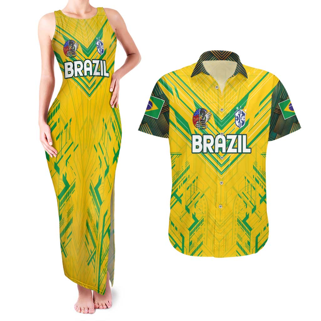 Brazil Football 2024 Couples Matching Tank Maxi Dress and Hawaiian Shirt Selecao Bright Yellow - Wonder Print Shop