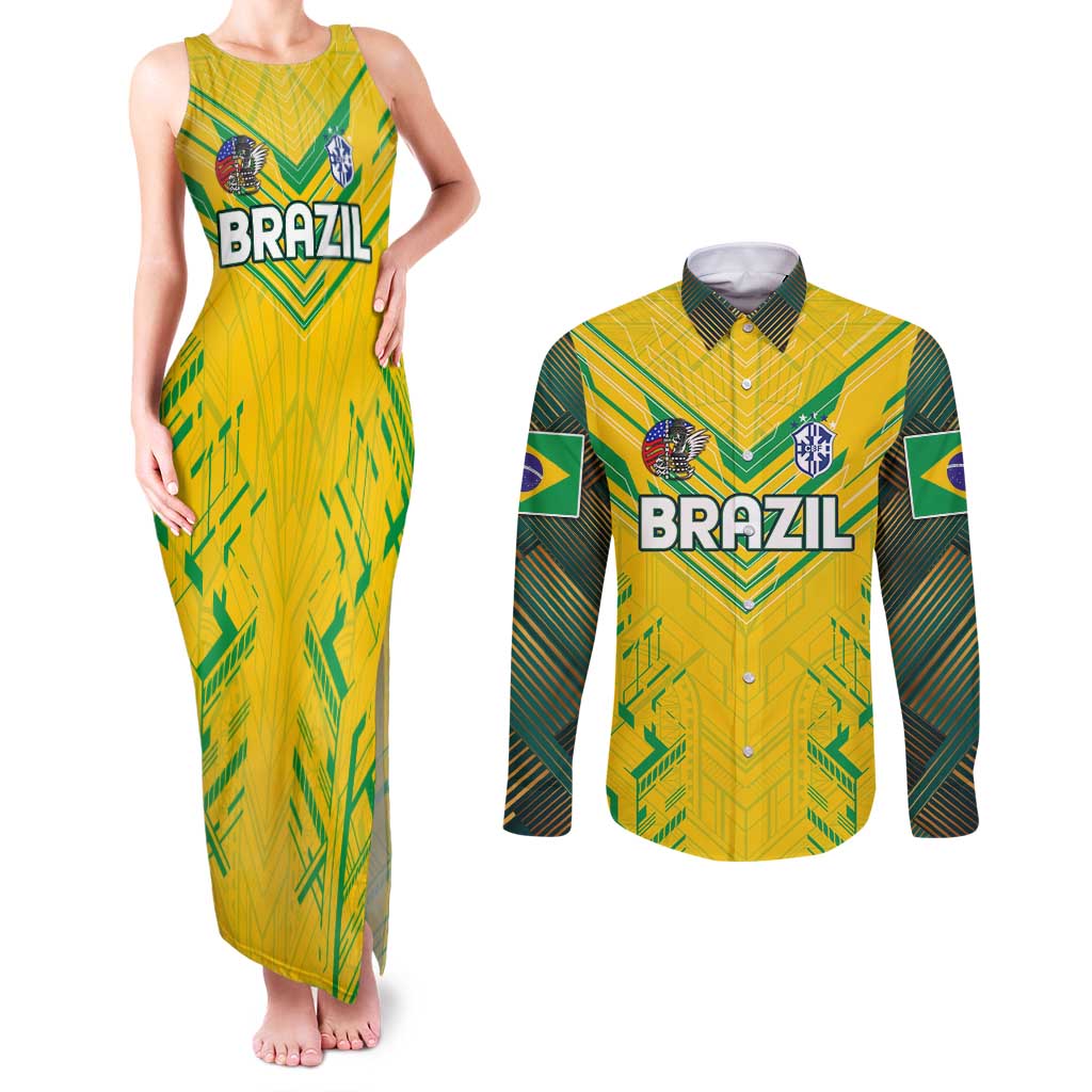 Brazil Football 2024 Couples Matching Tank Maxi Dress and Long Sleeve Button Shirt Selecao Bright Yellow - Wonder Print Shop