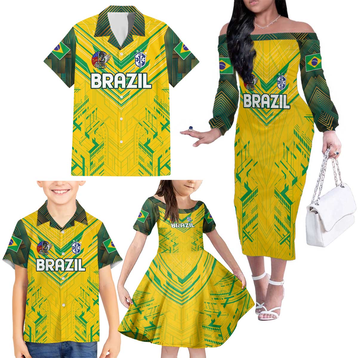 Brazil Football 2024 Family Matching Off The Shoulder Long Sleeve Dress and Hawaiian Shirt Selecao Bright Yellow - Wonder Print Shop