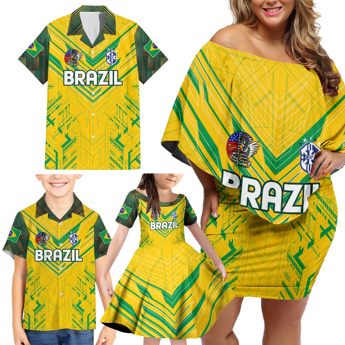 Brazil Football 2024 Family Matching Off Shoulder Short Dress and Hawaiian Shirt Selecao Bright Yellow - Wonder Print Shop