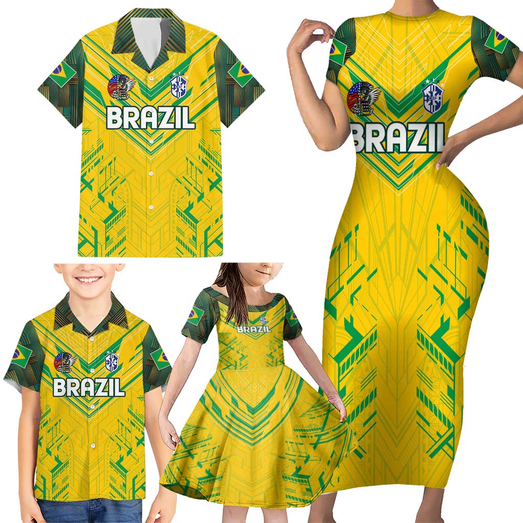 Brazil Football 2024 Family Matching Short Sleeve Bodycon Dress and Hawaiian Shirt Selecao Bright Yellow - Wonder Print Shop