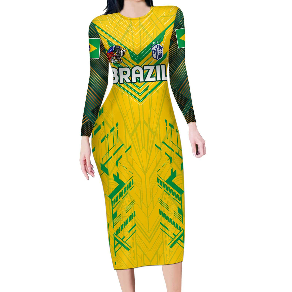 Brazil Football 2024 Long Sleeve Bodycon Dress Selecao Bright Yellow - Wonder Print Shop
