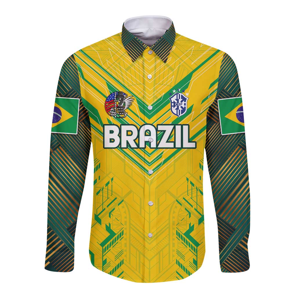 Brazil Football 2024 Long Sleeve Button Shirt Selecao Bright Yellow - Wonder Print Shop