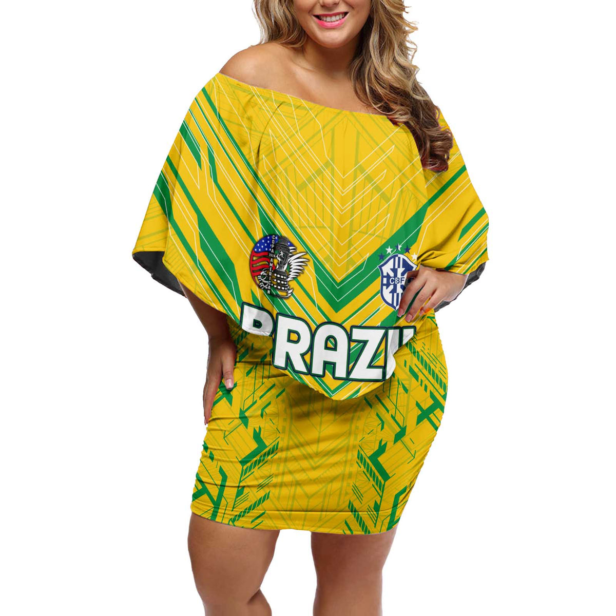 Brazil Football 2024 Off Shoulder Short Dress Selecao Bright Yellow - Wonder Print Shop