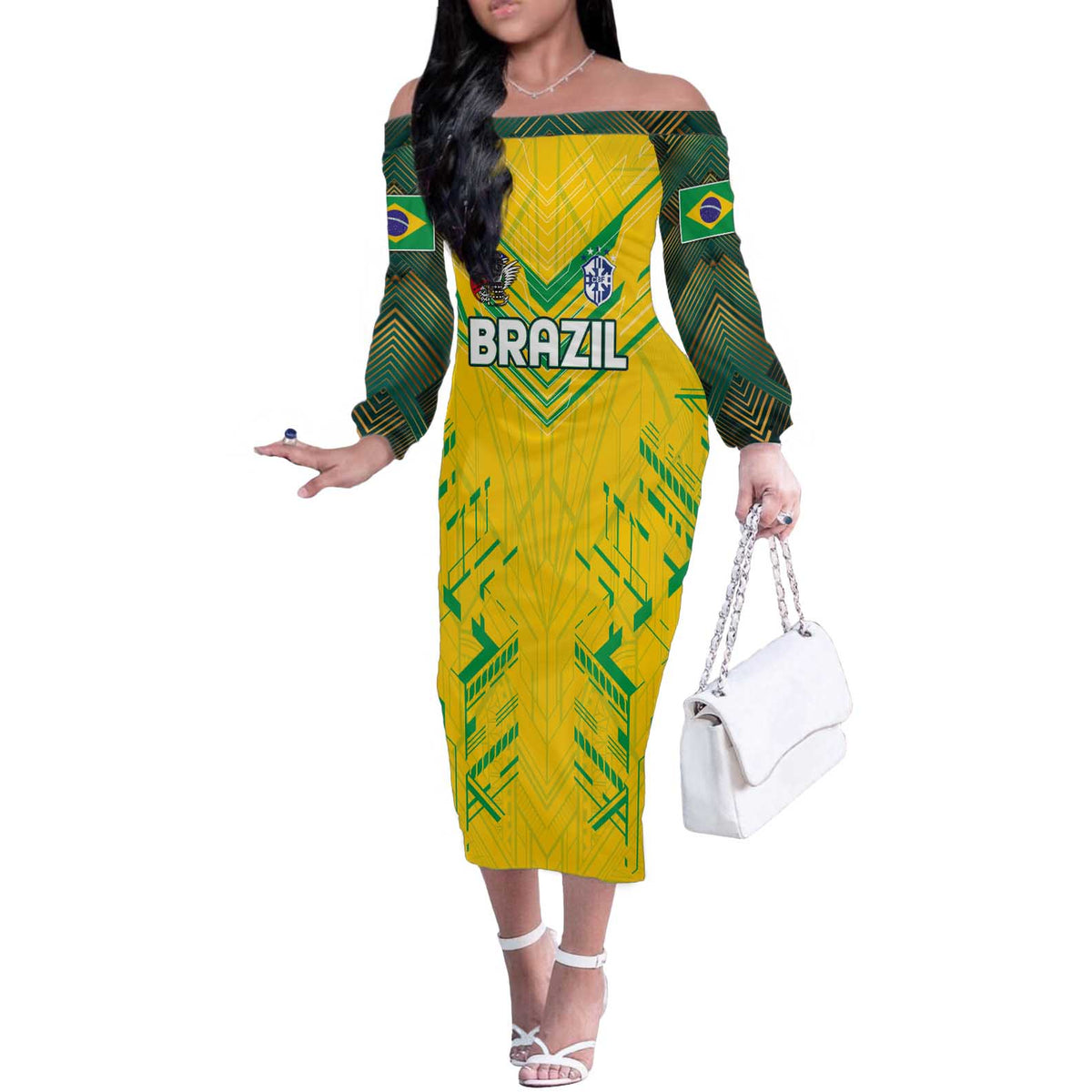 Brazil Football 2024 Off The Shoulder Long Sleeve Dress Selecao Bright Yellow - Wonder Print Shop