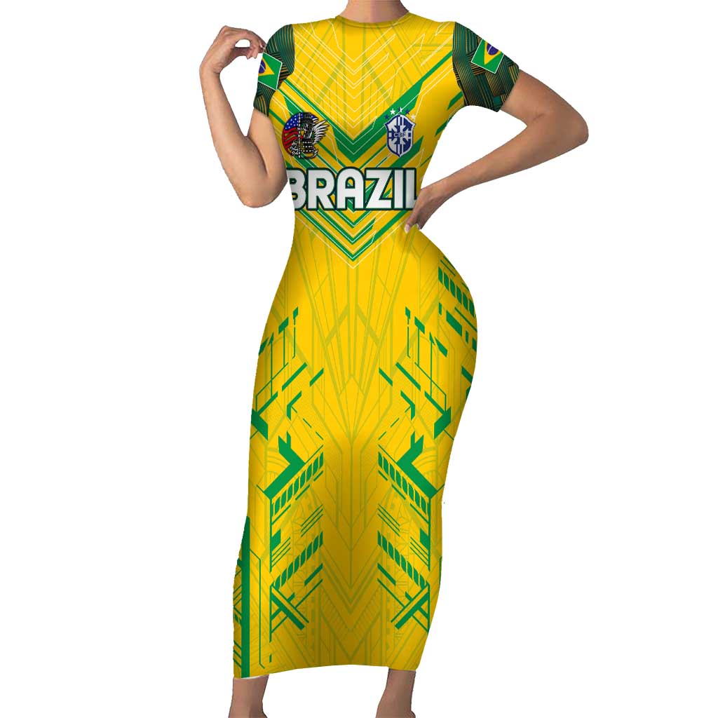 Brazil Football 2024 Short Sleeve Bodycon Dress Selecao Bright Yellow - Wonder Print Shop