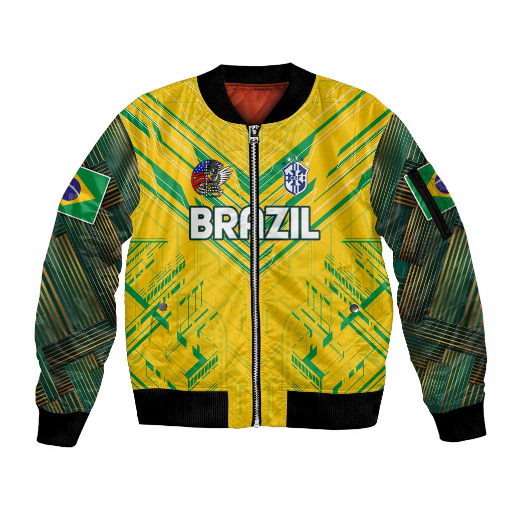 Brazil Football 2024 Sleeve Zip Bomber Jacket Selecao Bright Yellow - Wonder Print Shop