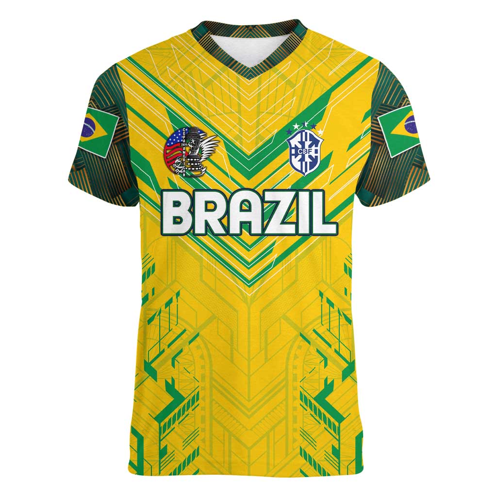 Brazil Football 2024 Women V-Neck T-Shirt Selecao Bright Yellow - Wonder Print Shop