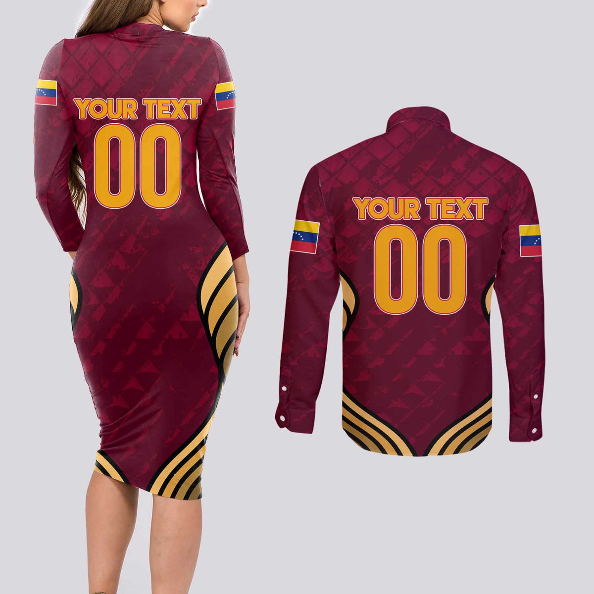 Custom Venezuela Football 2024 Couples Matching Long Sleeve Bodycon Dress and Long Sleeve Button Shirt The Red Wine - Wonder Print Shop