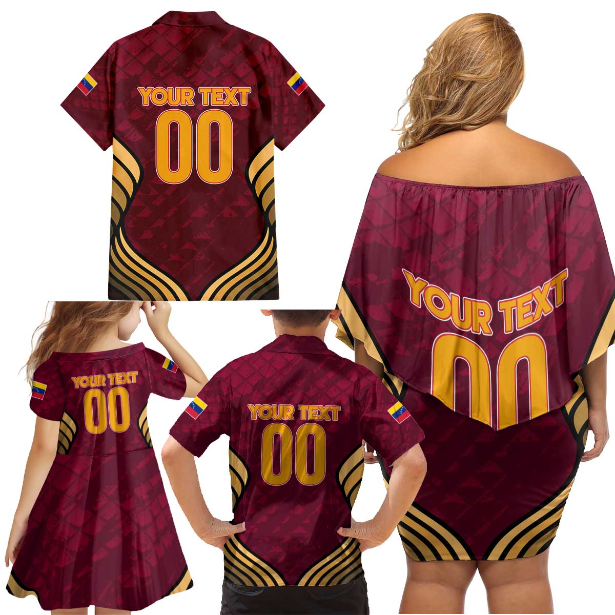 Custom Venezuela Football 2024 Family Matching Off Shoulder Short Dress and Hawaiian Shirt The Red Wine - Wonder Print Shop