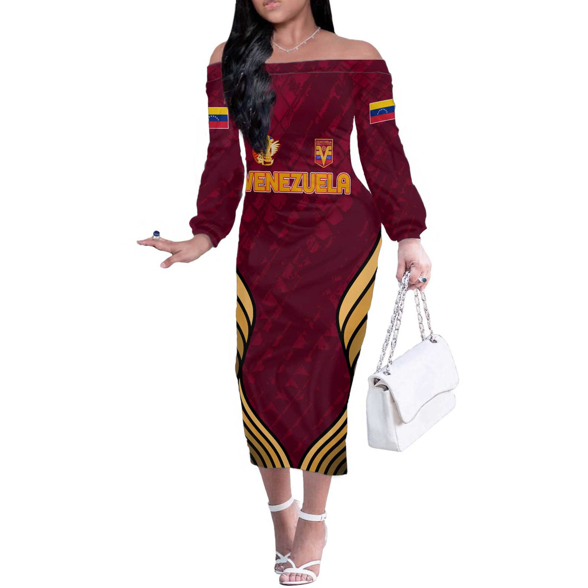 Custom Venezuela Football 2024 Off The Shoulder Long Sleeve Dress The Red Wine - Wonder Print Shop