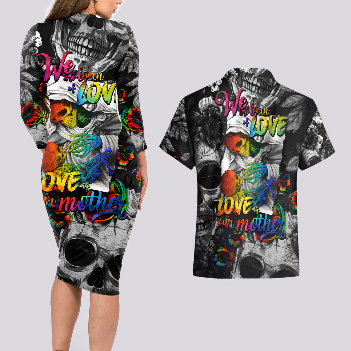 LGBT Couples Matching Long Sleeve Bodycon Dress and Hawaiian Shirt Lgbt We Are Born Of Love Love Is Our Mother - Wonder Print Shop