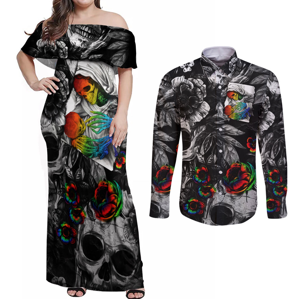LGBT Couples Matching Off Shoulder Maxi Dress and Long Sleeve Button Shirts Lgbt We Are Born Of Love Love Is Our Mother - Wonder Print Shop