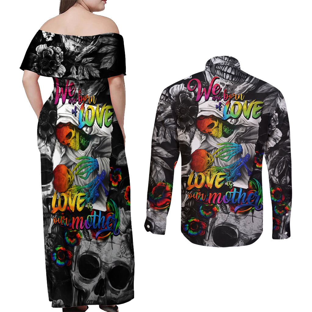 LGBT Couples Matching Off Shoulder Maxi Dress and Long Sleeve Button Shirts Lgbt We Are Born Of Love Love Is Our Mother - Wonder Print Shop