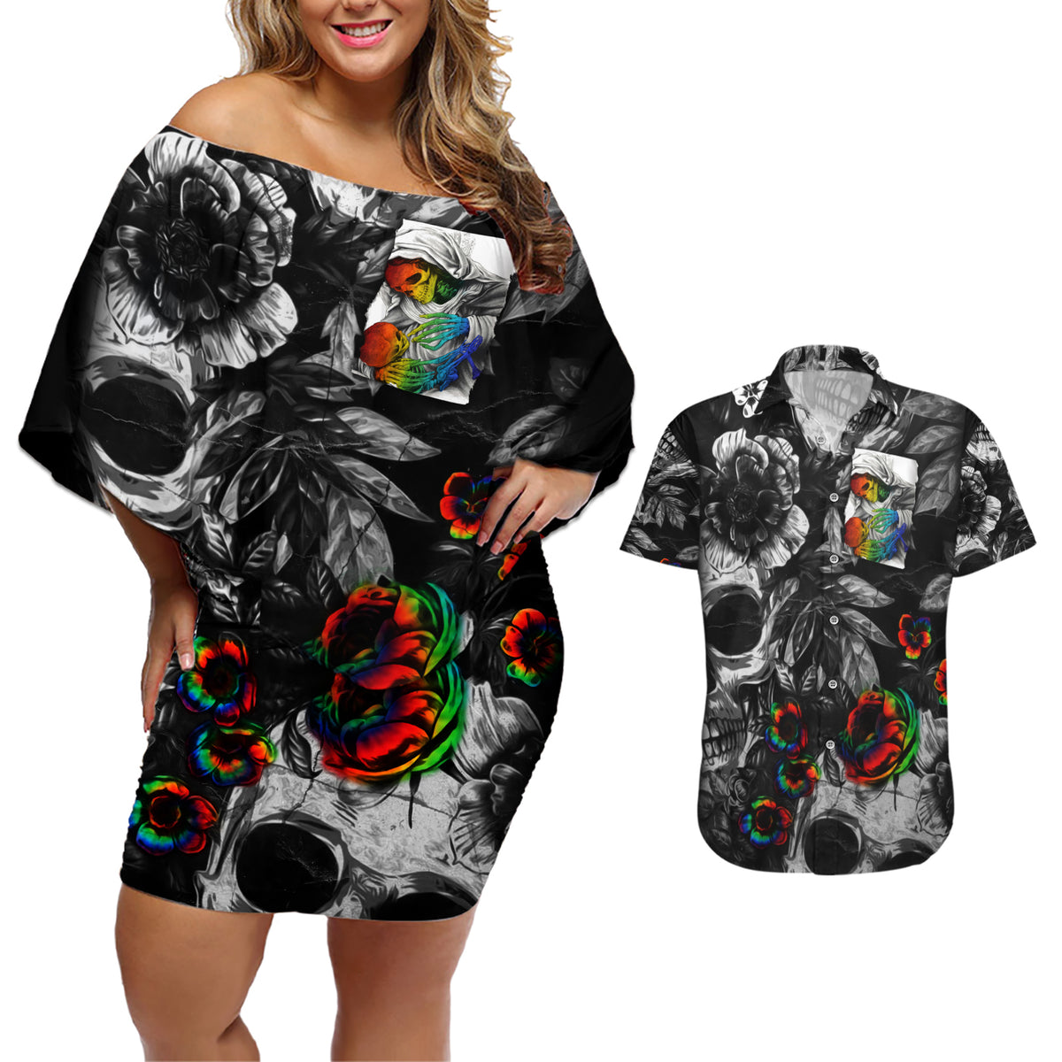 LGBT Couples Matching Off Shoulder Short Dress and Hawaiian Shirt Lgbt We Are Born Of Love Love Is Our Mother - Wonder Print Shop