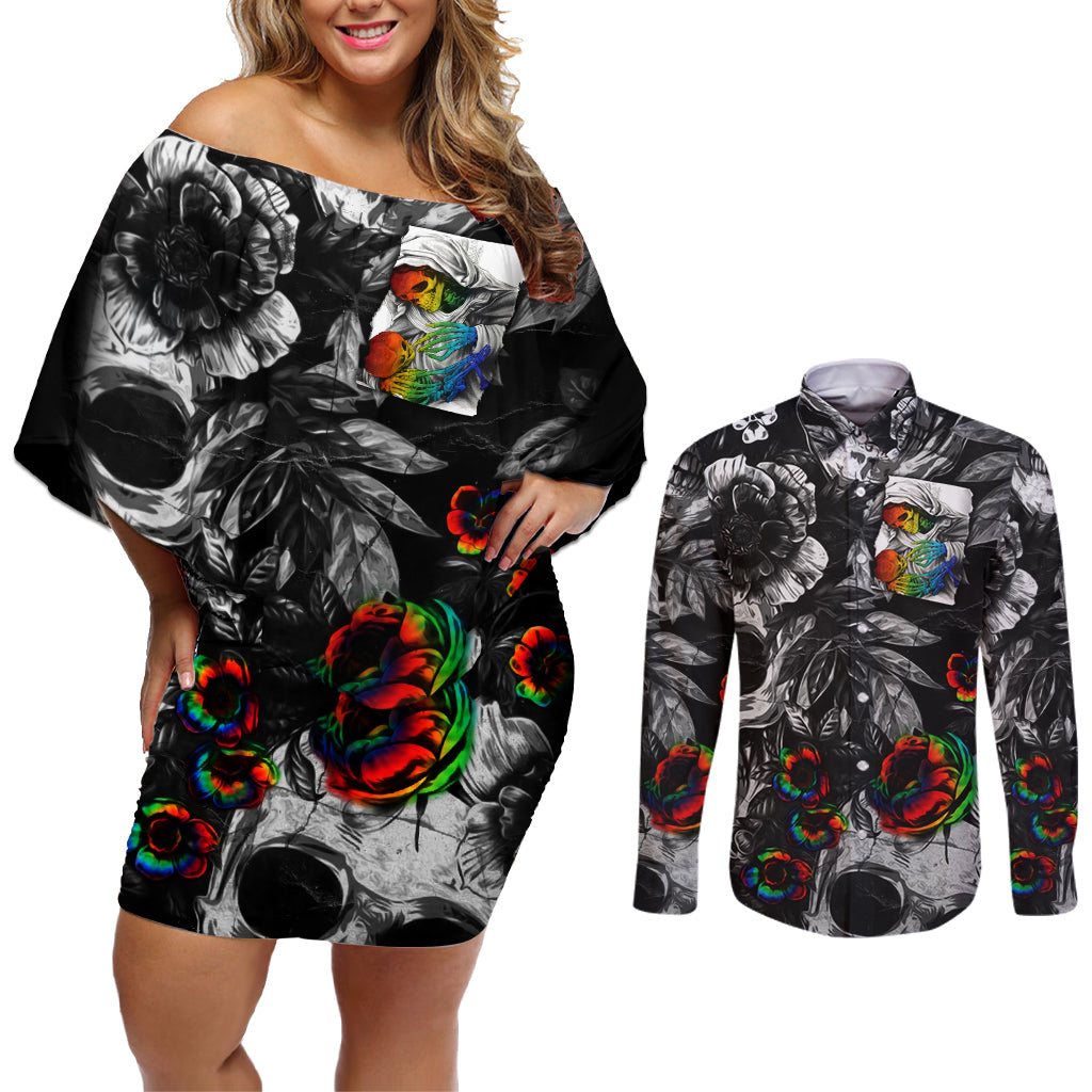 LGBT Couples Matching Off Shoulder Short Dress and Long Sleeve Button Shirts Lgbt We Are Born Of Love Love Is Our Mother - Wonder Print Shop