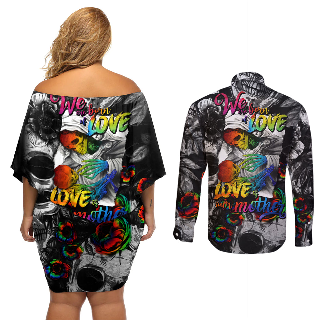 LGBT Couples Matching Off Shoulder Short Dress and Long Sleeve Button Shirts Lgbt We Are Born Of Love Love Is Our Mother - Wonder Print Shop