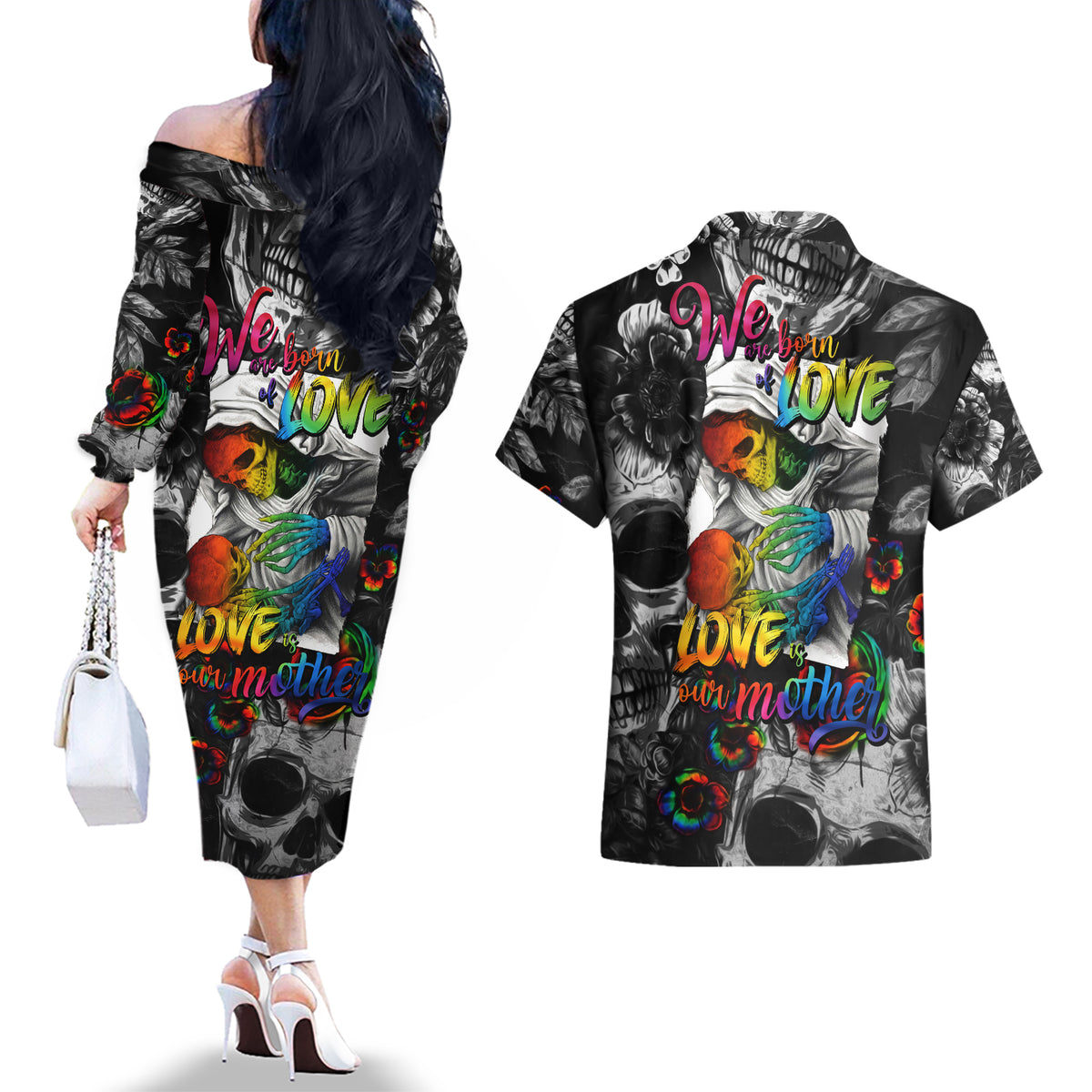 LGBT Couples Matching Off The Shoulder Long Sleeve Dress and Hawaiian Shirt Lgbt We Are Born Of Love Love Is Our Mother - Wonder Print Shop