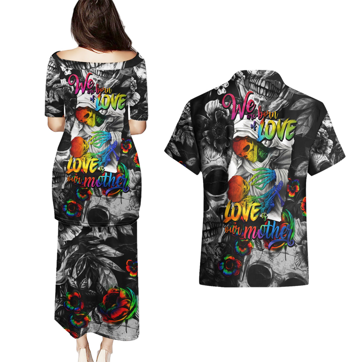 LGBT Couples Matching Puletasi Dress and Hawaiian Shirt Lgbt We Are Born Of Love Love Is Our Mother - Wonder Print Shop