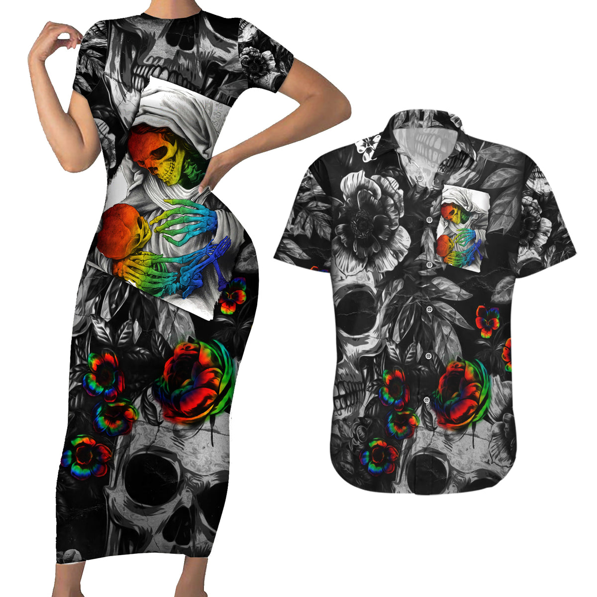 LGBT Couples Matching Short Sleeve Bodycon Dress and Hawaiian Shirt Lgbt We Are Born Of Love Love Is Our Mother - Wonder Print Shop