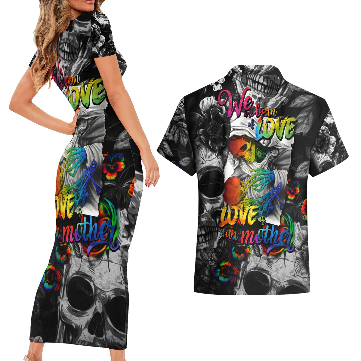 LGBT Couples Matching Short Sleeve Bodycon Dress and Hawaiian Shirt Lgbt We Are Born Of Love Love Is Our Mother - Wonder Print Shop
