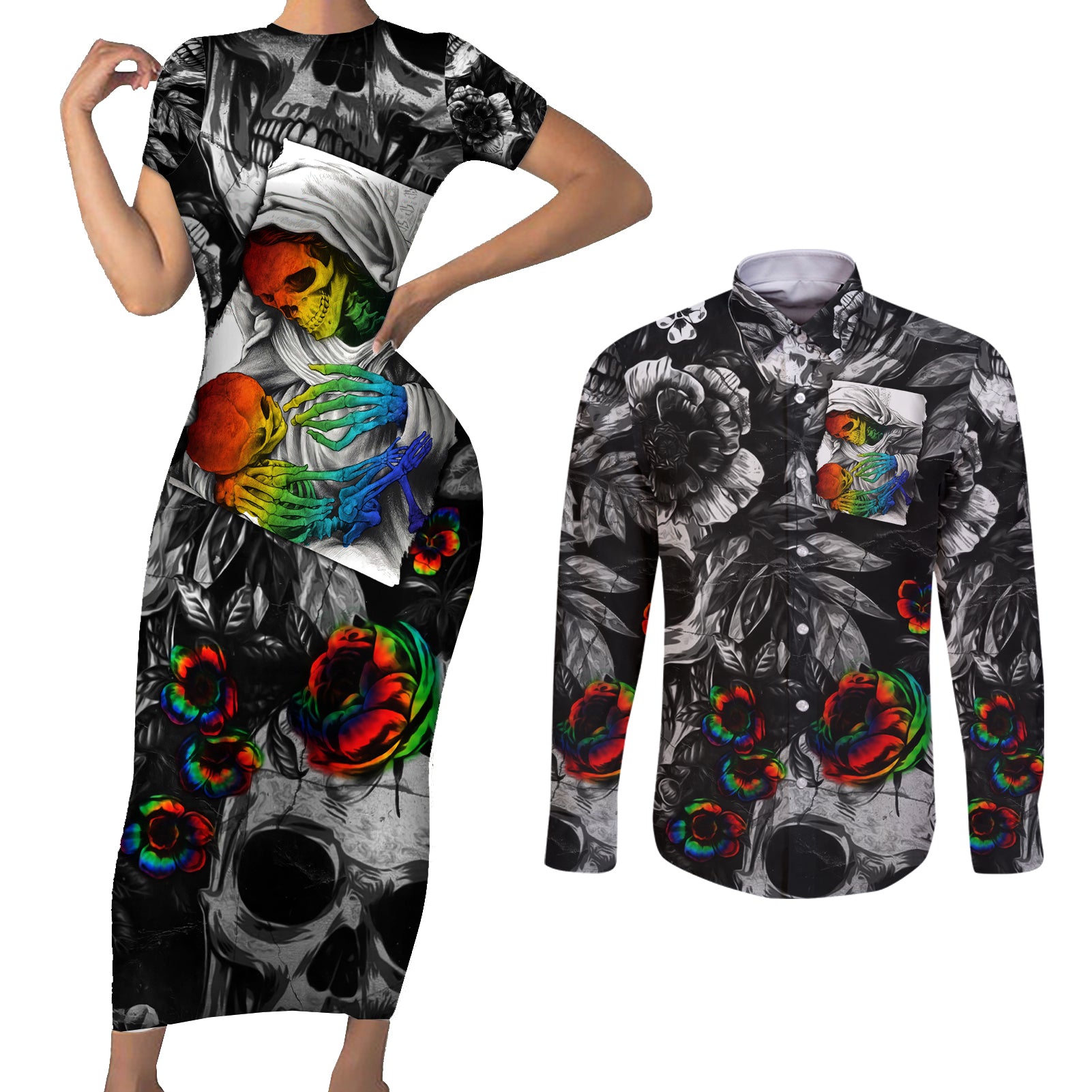 LGBT Couples Matching Short Sleeve Bodycon Dress and Long Sleeve Button Shirts Lgbt We Are Born Of Love Love Is Our Mother - Wonder Print Shop